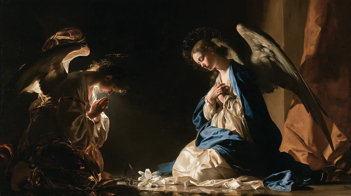 the Annunciation in black and gold in Black and Gold style, landscape Christian artwork no. 5