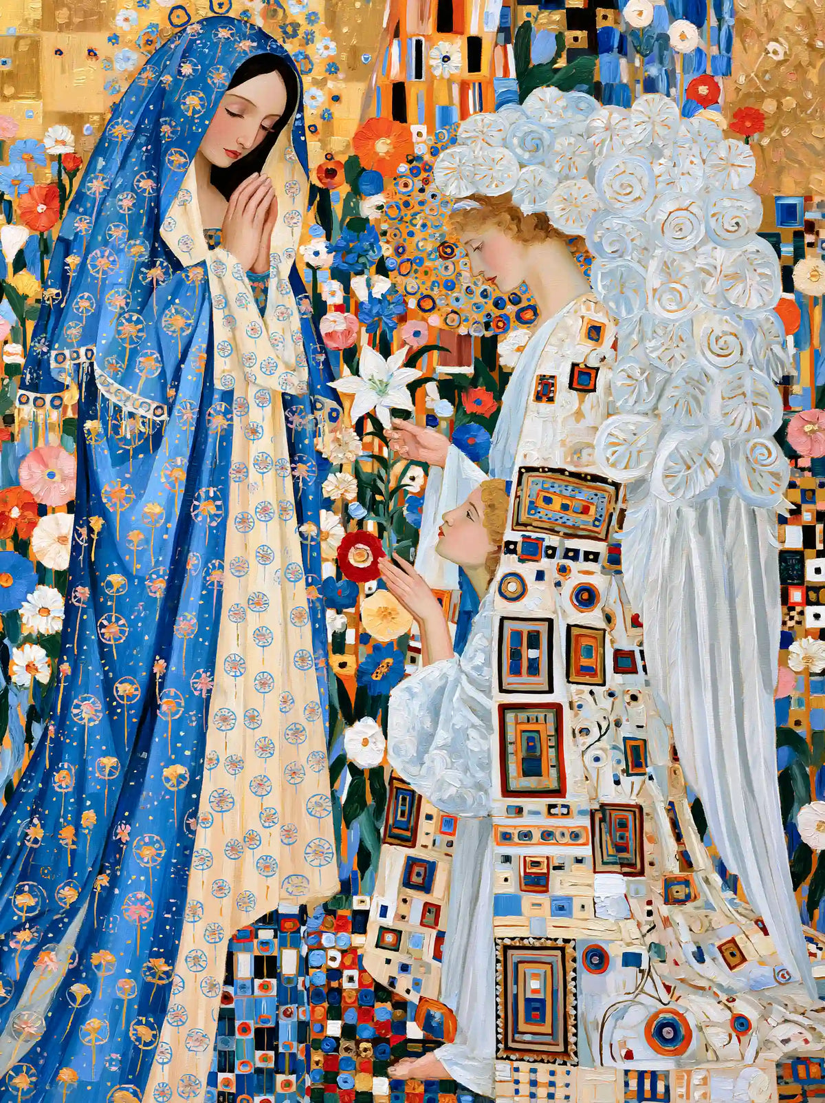 Gabriel kneeling with lilies before Mary beside a blue flower wall in a golden Vienna Secession Annunciation portrait