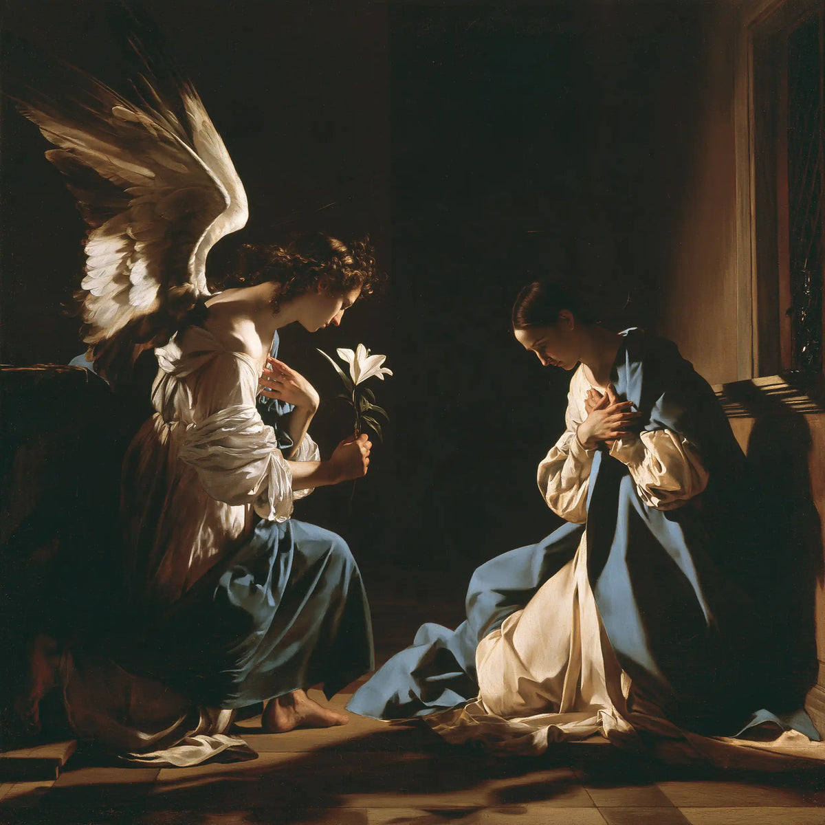 the Annunciation in dramatic chiaroscuro in Caravaggio Tenebrism style, square Christian artwork no. 2