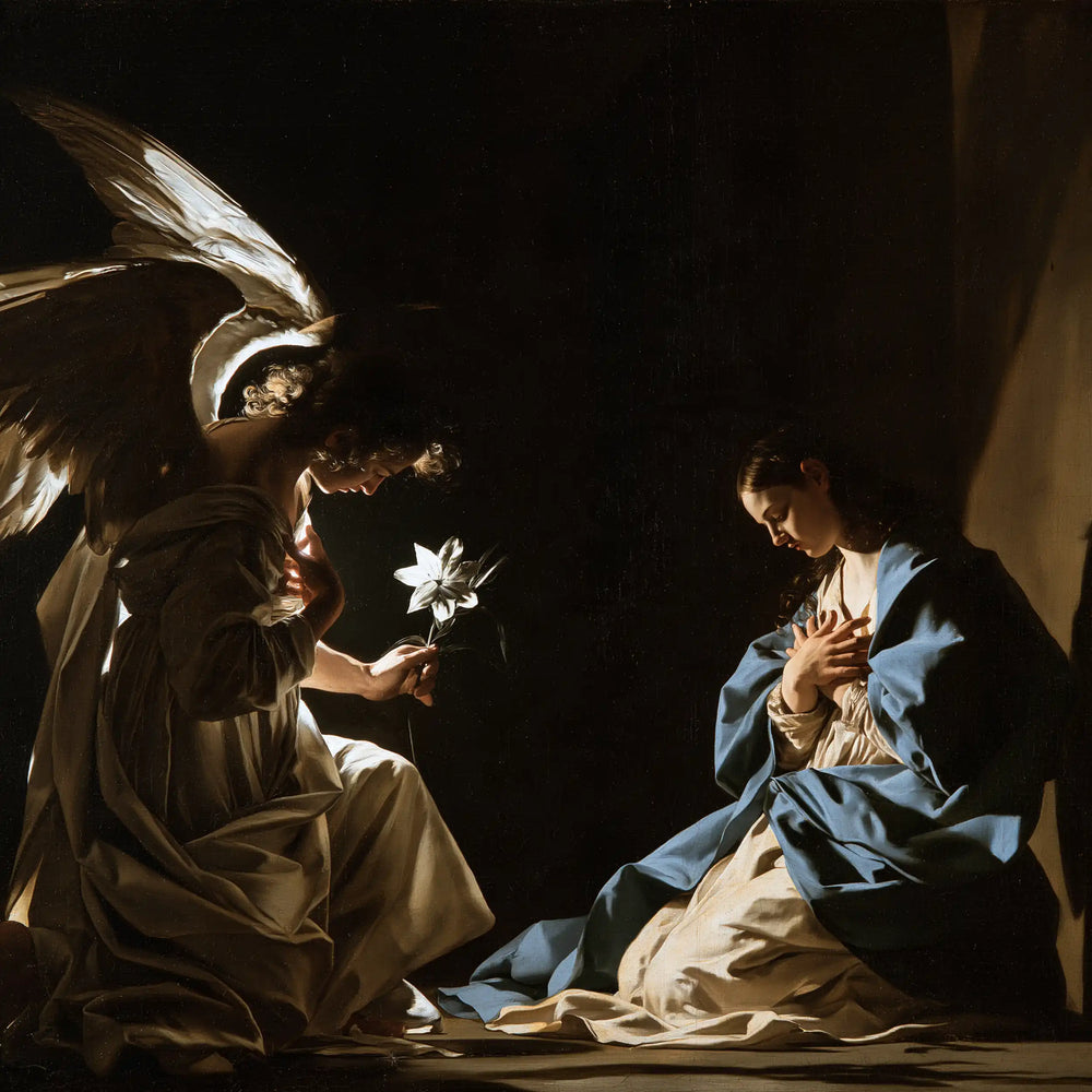 the Annunciation in dramatic chiaroscuro in Caravaggio Tenebrism style, square Christian artwork no. 3
