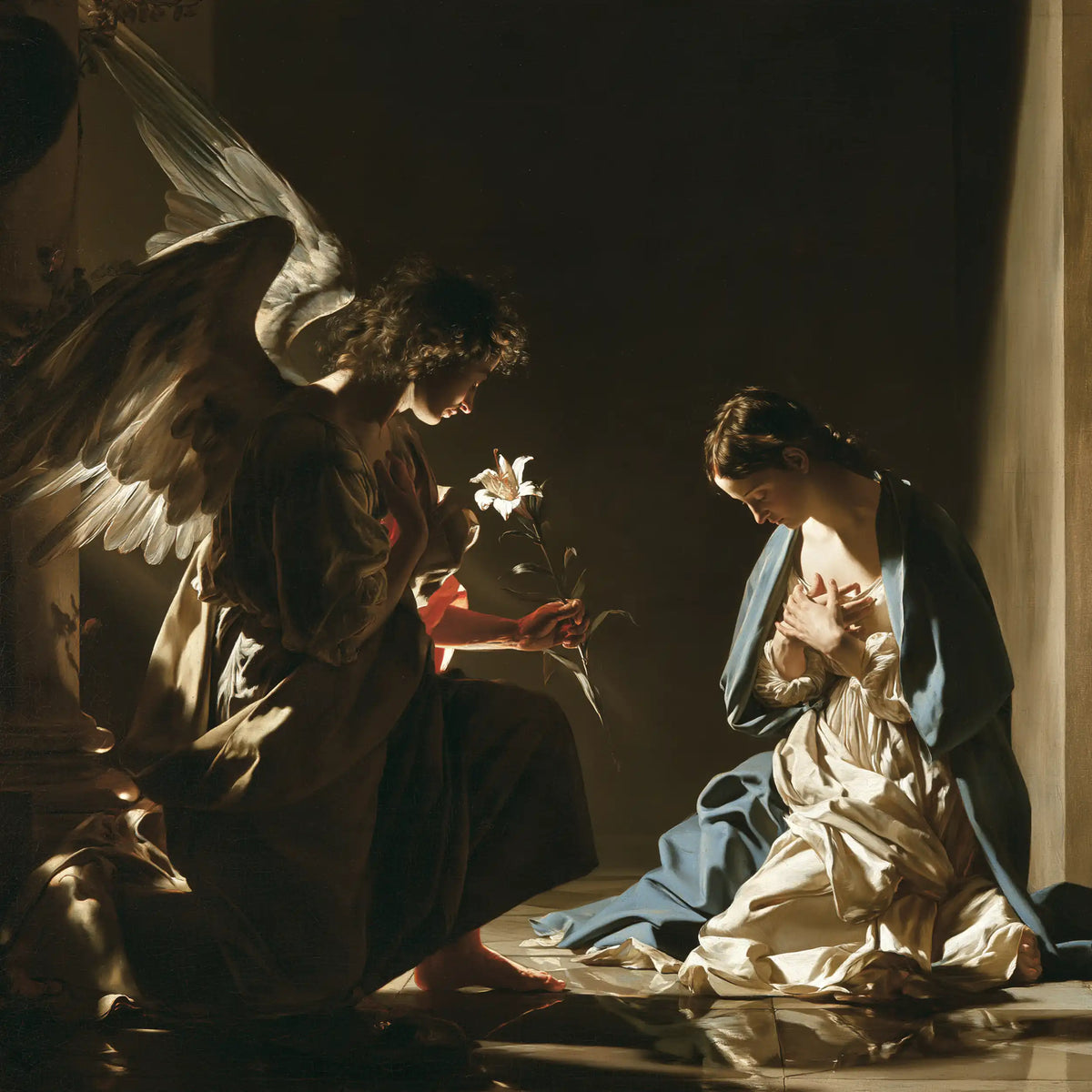 the Annunciation in dramatic chiaroscuro in Caravaggio Tenebrism style, square Christian artwork no. 4