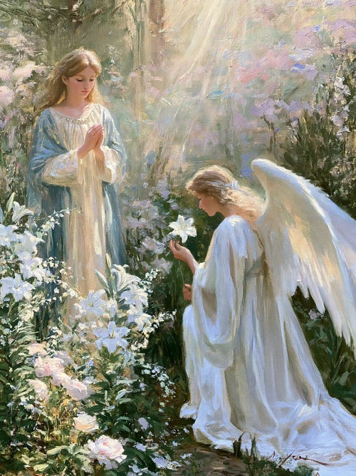 Mary and Gabriel beneath cascading pale blossom in a vertical Impressionist Annunciation garden