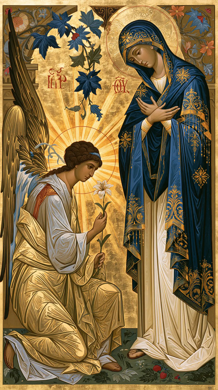 The Annunciation — The Starred Mantle beneath Blue Leaves