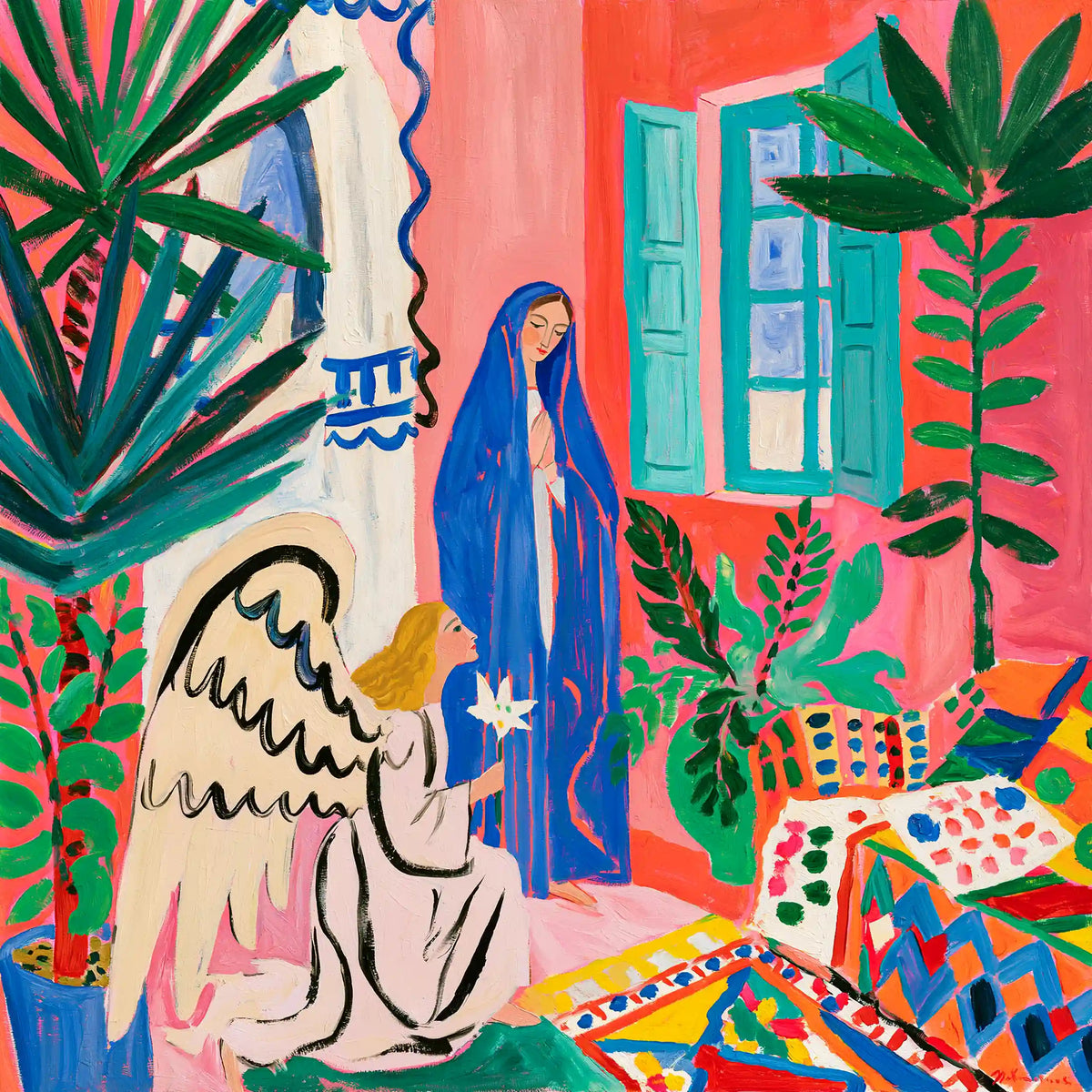 Gabriel kneeling with a white lily before Mary in a coral room with green palms in a Fauvist Annunciation square