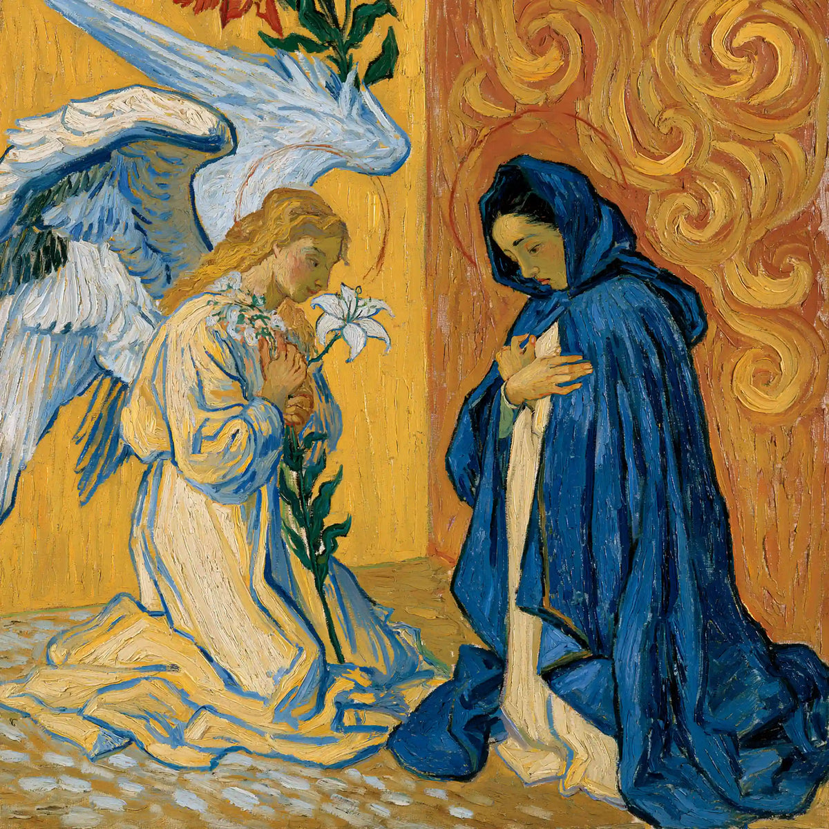 Gabriel bowing beside a lily before Mary and crimson scrollwork in a Post-Impressionist Annunciation