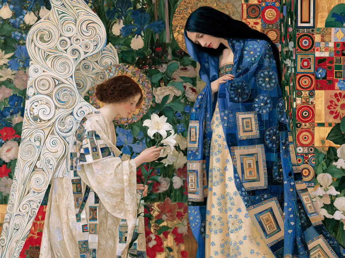 Mary and Gabriel with lilies in a dark floral garden with ornate wings in a Vienna Secession Annunciation landscape