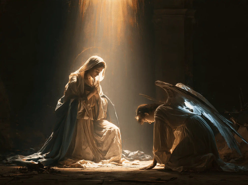 divine light descending upon Mary at the Annunciation in Divine Light Descending upon Mary style, landscape Christian artwork no. 8