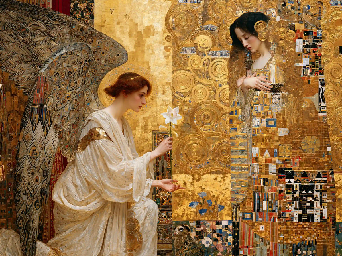 Mary in a patterned blue robe and kneeling Gabriel with a white lily in gilded Vienna Secession light