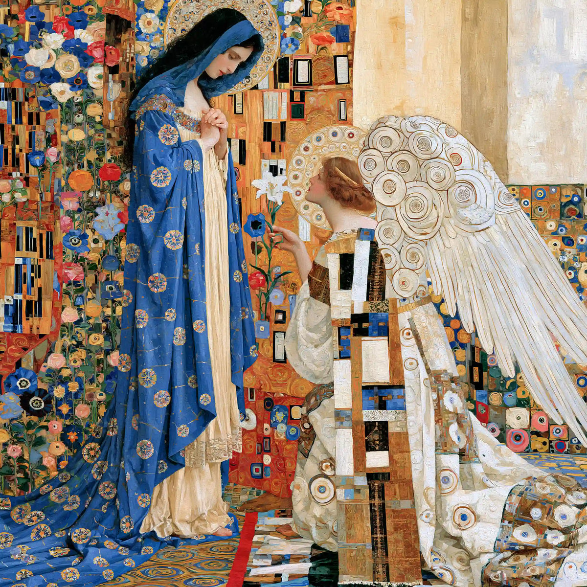 Gabriel bowing beside a golden column before Mary among blue and orange mosaic flowers in a Vienna Secession square