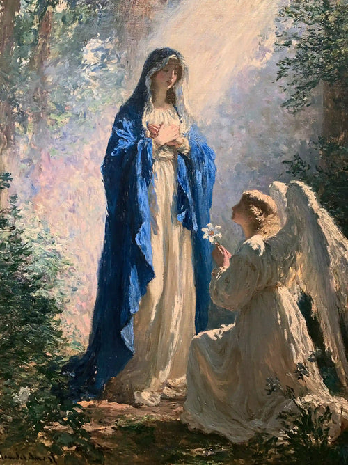 Mary and Gabriel meeting beneath a luminous arbor in a blue and pink Impressionist Annunciation portrait