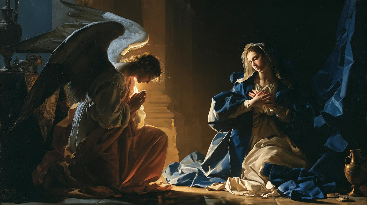the Annunciation in midnight-blue chiaroscuro in Midnight Blue Chiaroscuro style, landscape Christian artwork no. 15