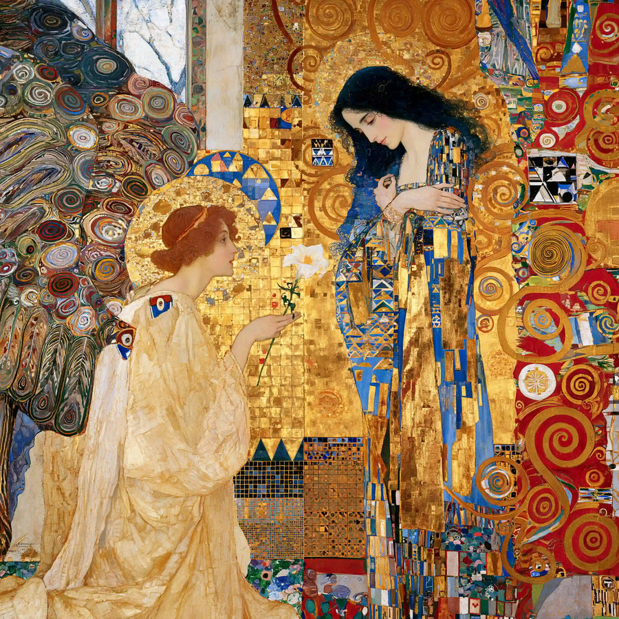 Annunciation beneath Peacock-Gold Arches – Golden Secession Art · Square