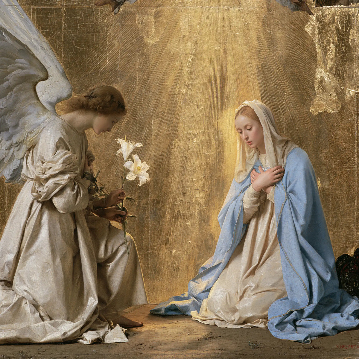 the Annunciation in sacred golden light in Sacred Gold style, square Christian artwork no. 7