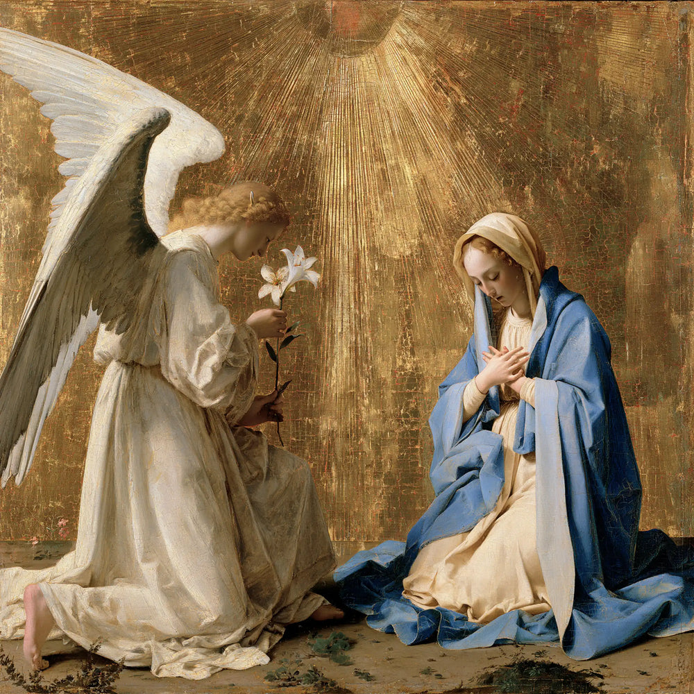 the Annunciation in sacred golden light in Sacred Gold style, square Christian artwork no. 8