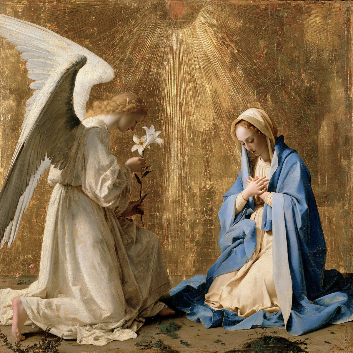 the Annunciation in sacred golden light in Sacred Gold style, square Christian artwork no. 8