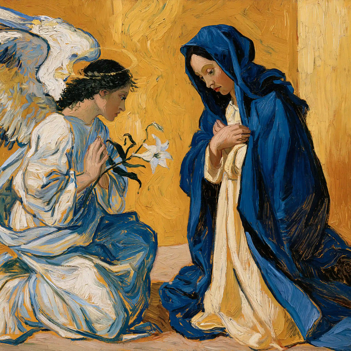 Seated Mary and kneeling Gabriel sharing a sacred silence in a blue and gold Post-Impressionist Annunciation