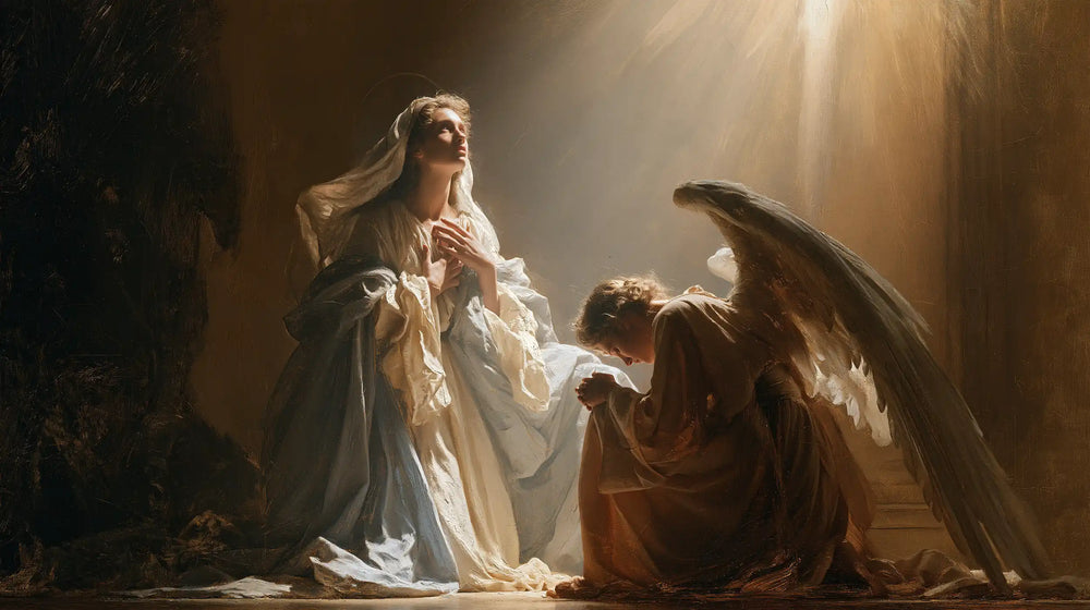 Mary receiving Gabriel's message in sacred surprise in Sacred Surprise style, landscape Christian artwork no. 2