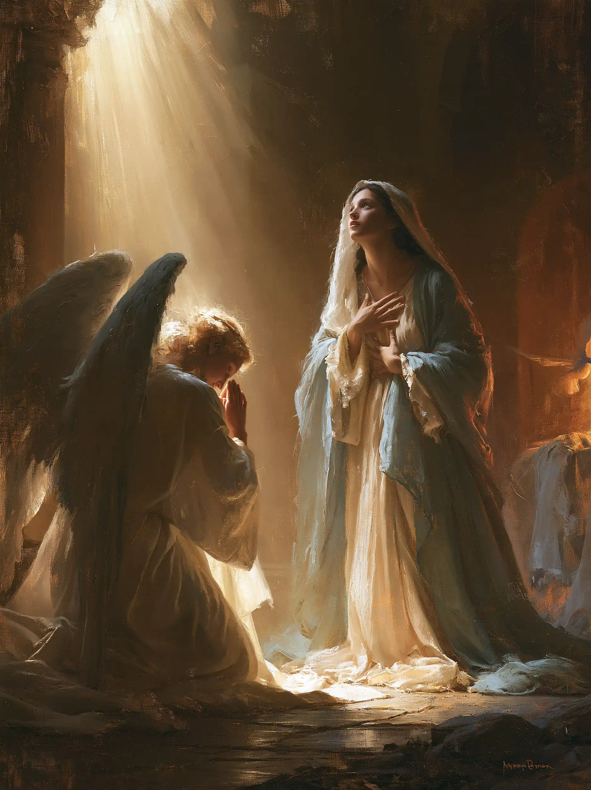 Mary receiving Gabriel's message in sacred surprise in Sacred Surprise style, portrait Christian artwork no. 6