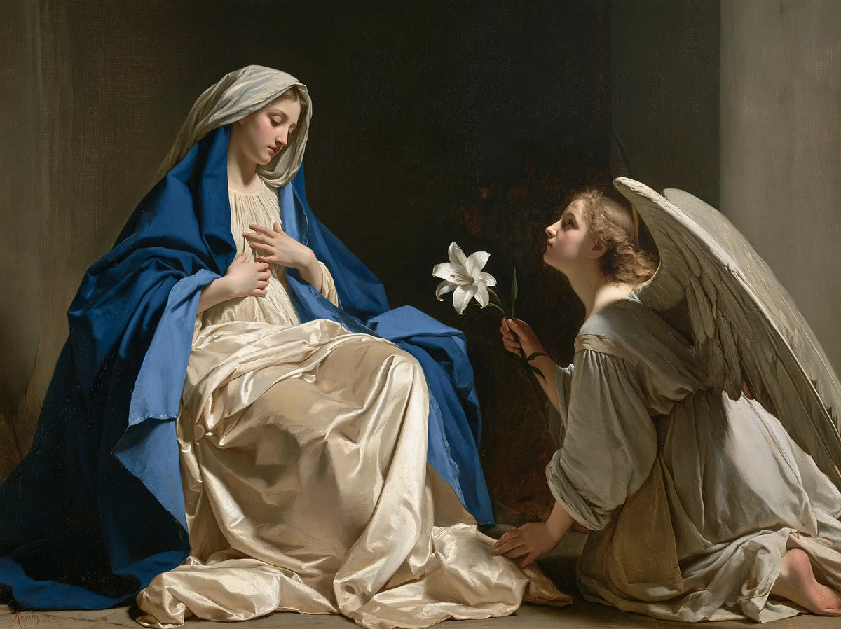Mary in sapphire blue and Gabriel in ivory with a white lily against a dark Annunciation wall · landscape format