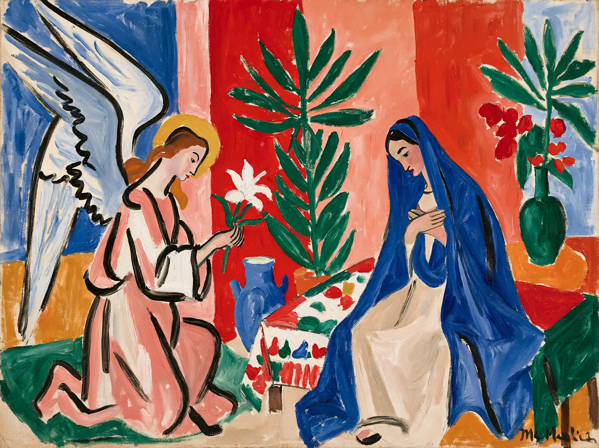 Gabriel kneeling with a white lily before Mary in a scarlet room with tall green plants in a Fauvist landscape