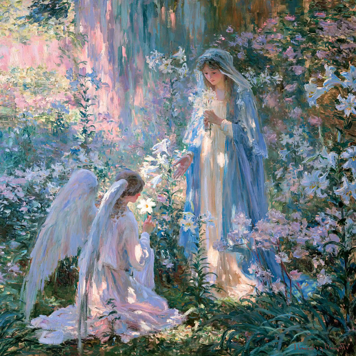 Mary in blue and Gabriel kneeling beside flowers in a shaded Impressionist Annunciation square