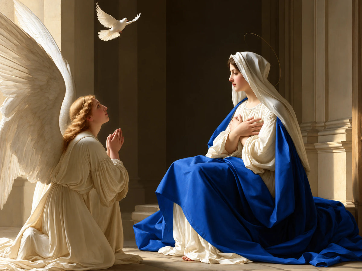 Gabriel kneeling before Mary inside a quiet stone chapel in a Florentine Annunciation landscape
