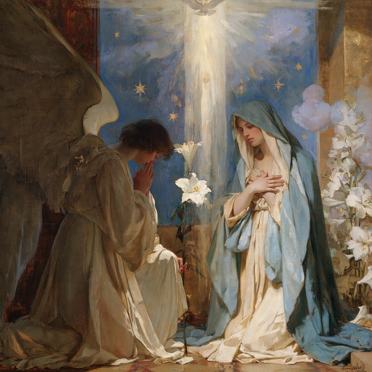 the Annunciation in a symbolist composition in Symbolist style, square Christian artwork no. 1