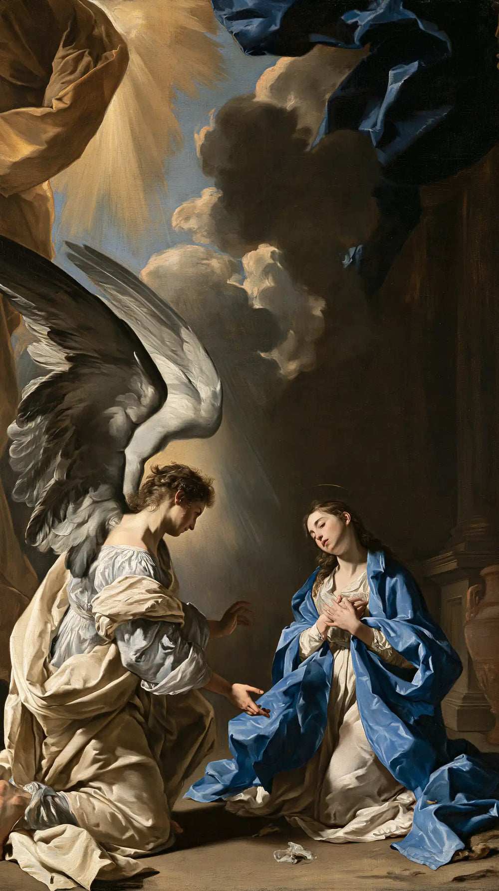 the Annunciation in a theatrical Baroque scene in Theatrical Baroque style, portrait Christian artwork no. 6