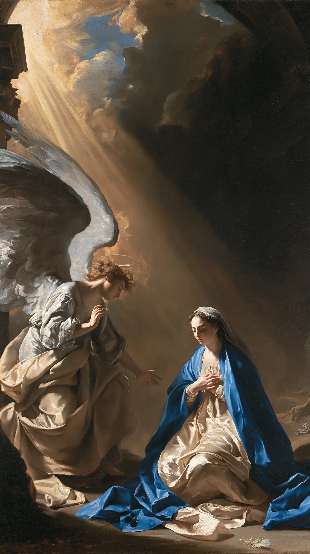 the Annunciation in a theatrical Baroque scene in Theatrical Baroque style, portrait Christian artwork no. 11