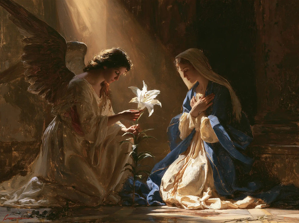 the Annunciation with the white lily as a central symbol in The White Lily as Symbol style, landscape Christian artwork no. 5