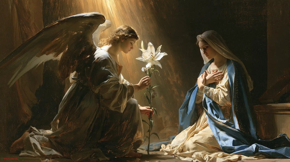 the Annunciation with the white lily as a central symbol in The White Lily as Symbol style, landscape Christian artwork no. 19