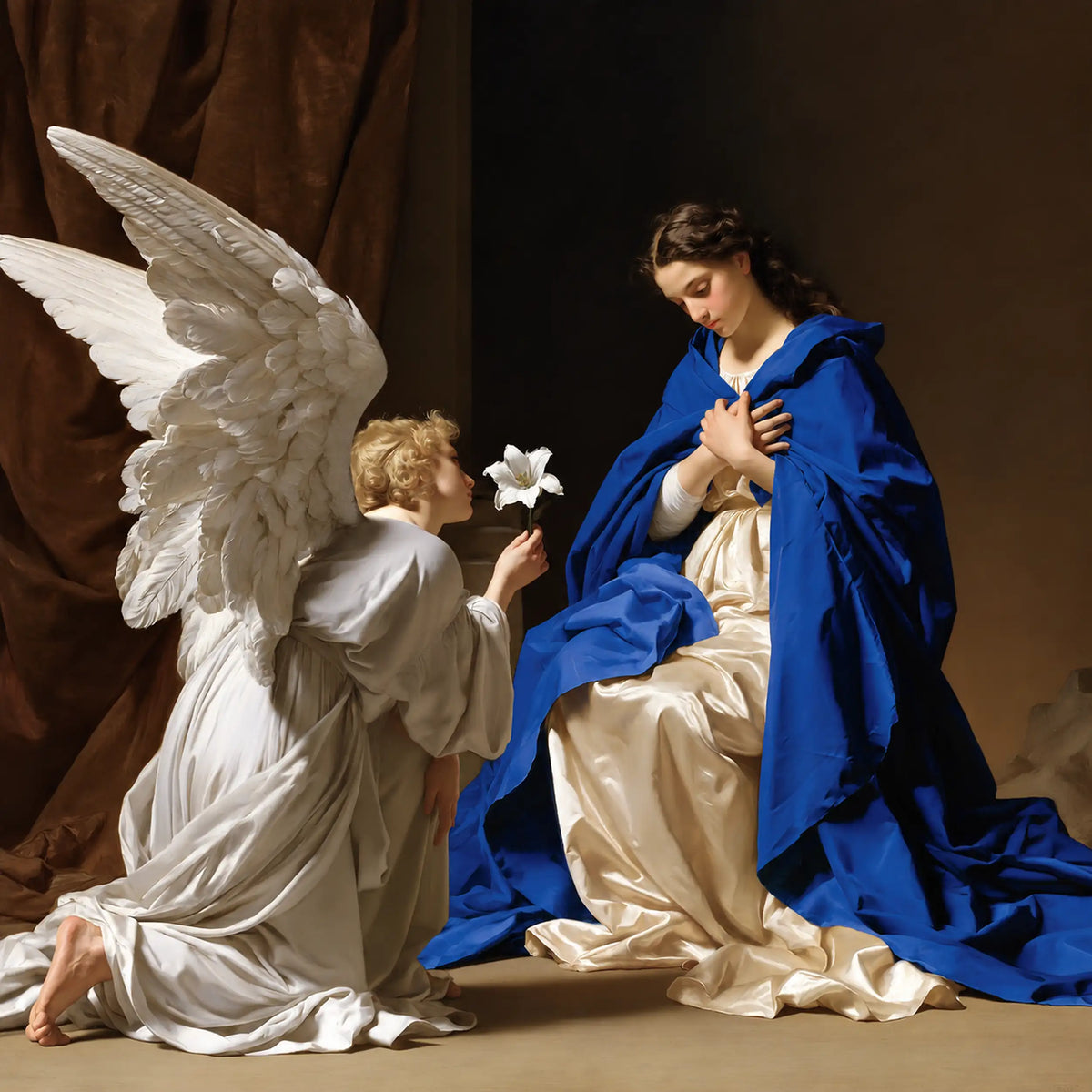 Seated Virgin Mary receiving Gabriel's white lily beneath a large pale wing in a square tenebrist Annunciation · square format