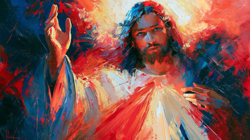 Jesus as Divine Mercy with red and pale rays, expressionist landscape Christian artwork