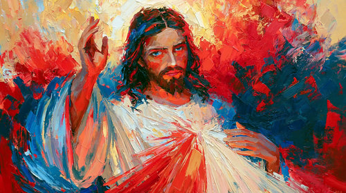 Jesus as Divine Mercy with red and pale rays, expressionist landscape Christian artwork