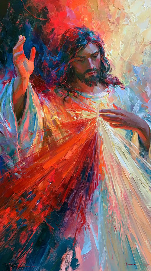 Jesus as Divine Mercy with red and pale rays, expressionist portrait Christian artwork