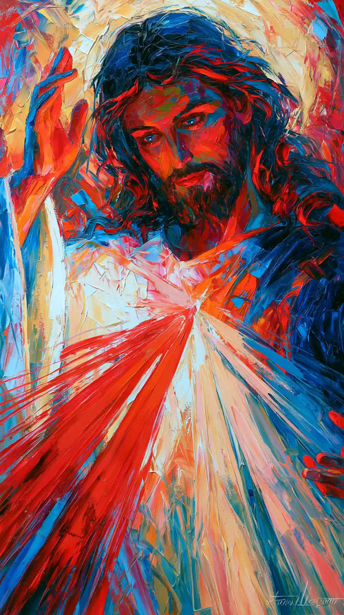 Jesus as Divine Mercy with red and pale rays, expressionist portrait Christian artwork