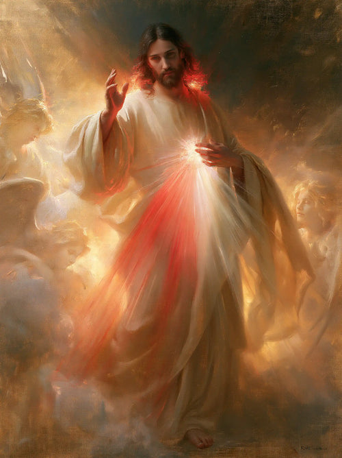 the glory of Divine Mercy Jesus in Glory of the Merciful Christ style, portrait Christian artwork no. 5