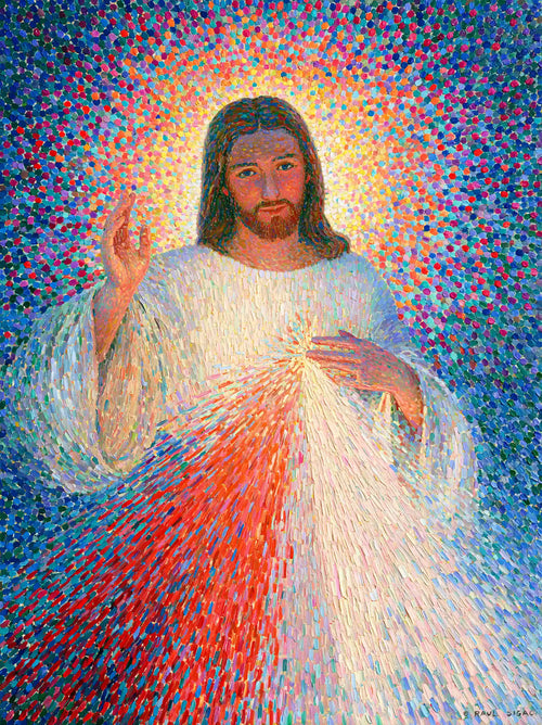Jesus as Divine Mercy with red and pale rays, pointillist & neo-impressionist portrait Christian artwork