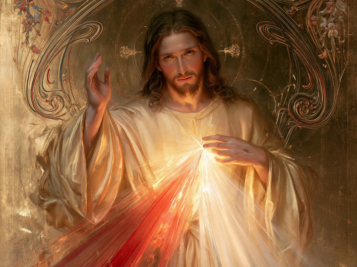 Divine Mercy Jesus — The Glow Beneath Shadowed Flowers
