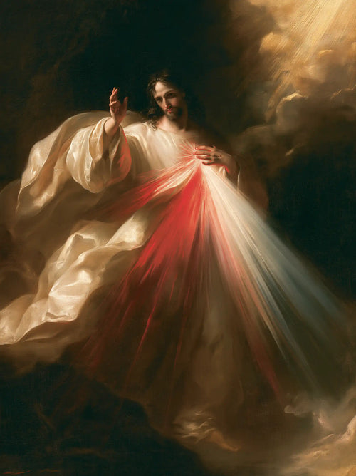 Divine Mercy Jesus in a theatrical Baroque scene in Theatrical Baroque style, portrait Christian artwork no. 5