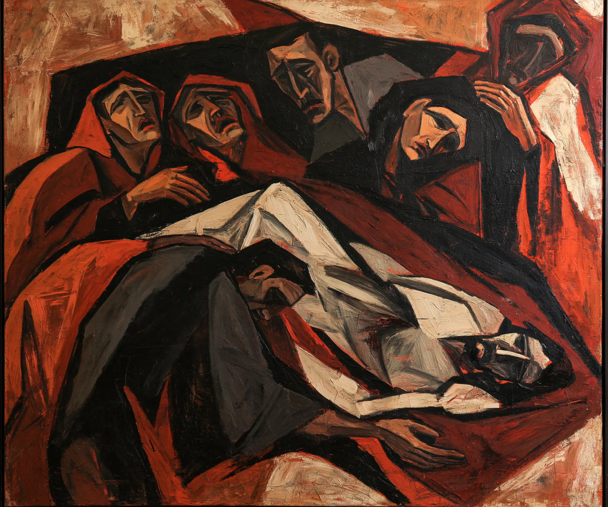 Entombment of Jesus Christ in Expressionist style, landscape Christian artwork no. 1
