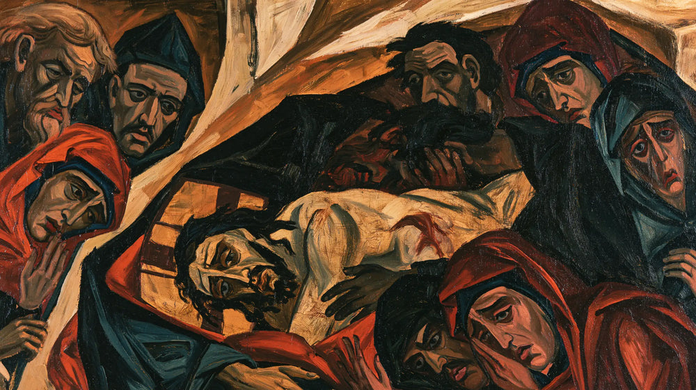 Entombment of Jesus Christ in Expressionist style, landscape Christian artwork no. 6
