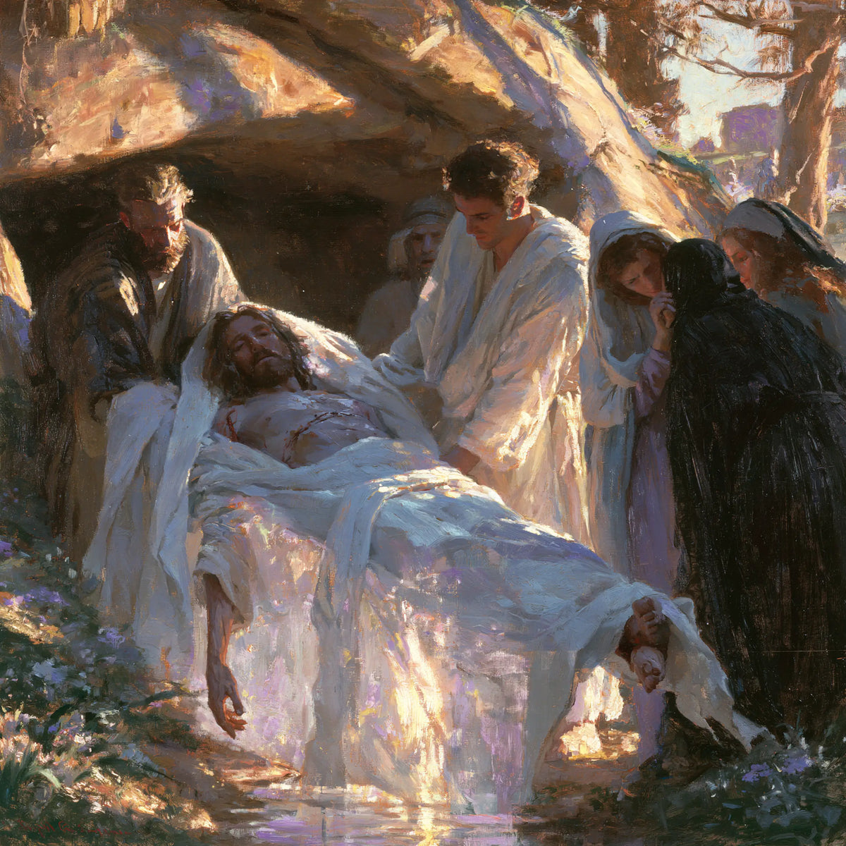 Entombment of Jesus Christ in Impressionist style, square Christian artwork no. 1