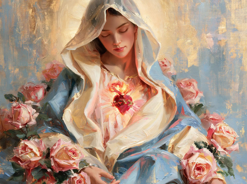the Immaculate Heart of Mary in an impressionist atmosphere in Impressionist style, landscape Christian artwork no. 9