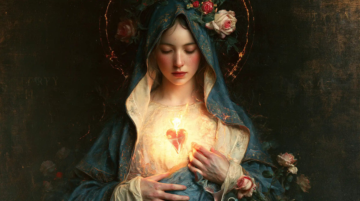 Mary and her Immaculate Heart surrounded by divine light in Mary as Divine Light style, landscape Christian artwork no. 10