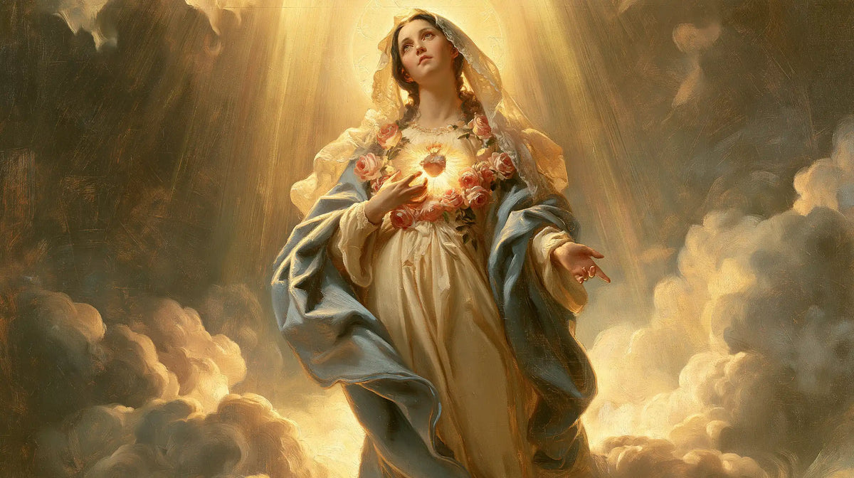 Mary upon the clouds with her Immaculate Heart in Mary upon the Clouds with the Immaculate Heart style, landscape Christian artwork no. 10
