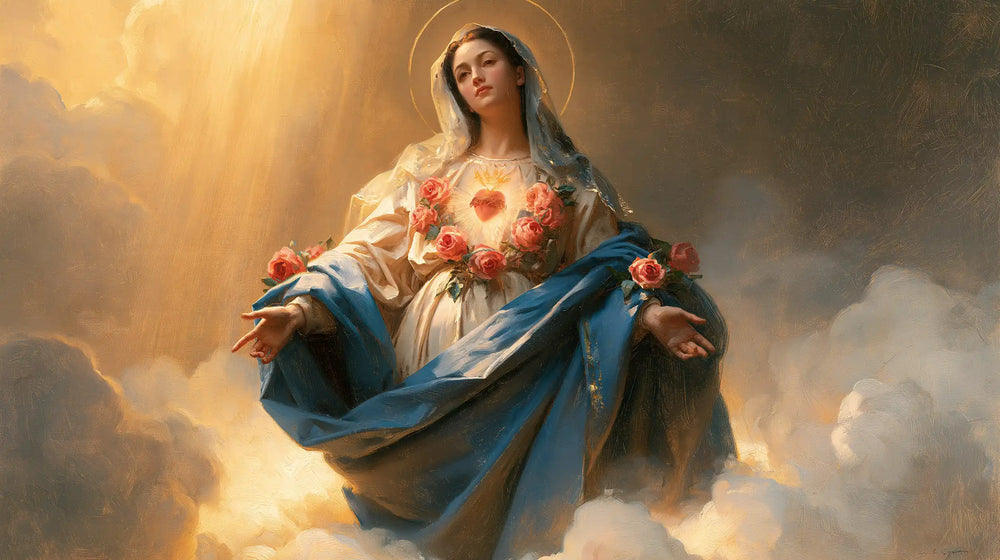 Mary upon the clouds with her Immaculate Heart in Mary upon the Clouds with the Immaculate Heart style, landscape Christian artwork no. 11