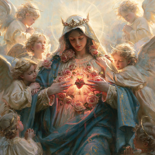 the Immaculate Heart of Mary surrounded by angels in Mary Surrounded by Angels style, square Christian artwork no. 2