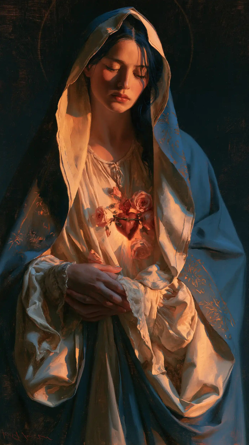 the Immaculate Heart of Mary in midnight-blue chiaroscuro in Midnight Blue Chiaroscuro style, portrait Christian artwork no. 3