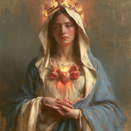 the peace and purity of the Immaculate Heart of Mary in Peace and Purity of Mary's Heart style, square Christian artwork no. 3